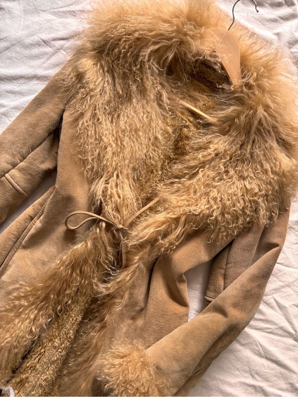 Magnificent Penny lane real leather Camel Shearling Coat with Curly Fur Trim